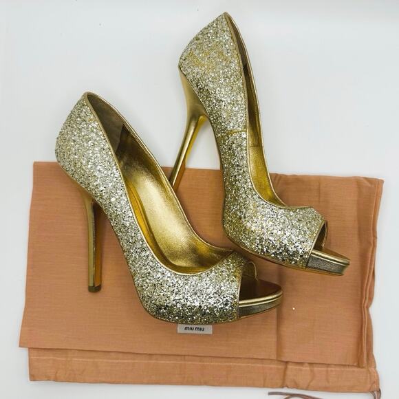 Miu Miu peep toe Gold Glitter Party Pump size EU 40 - Picture 11 of 15